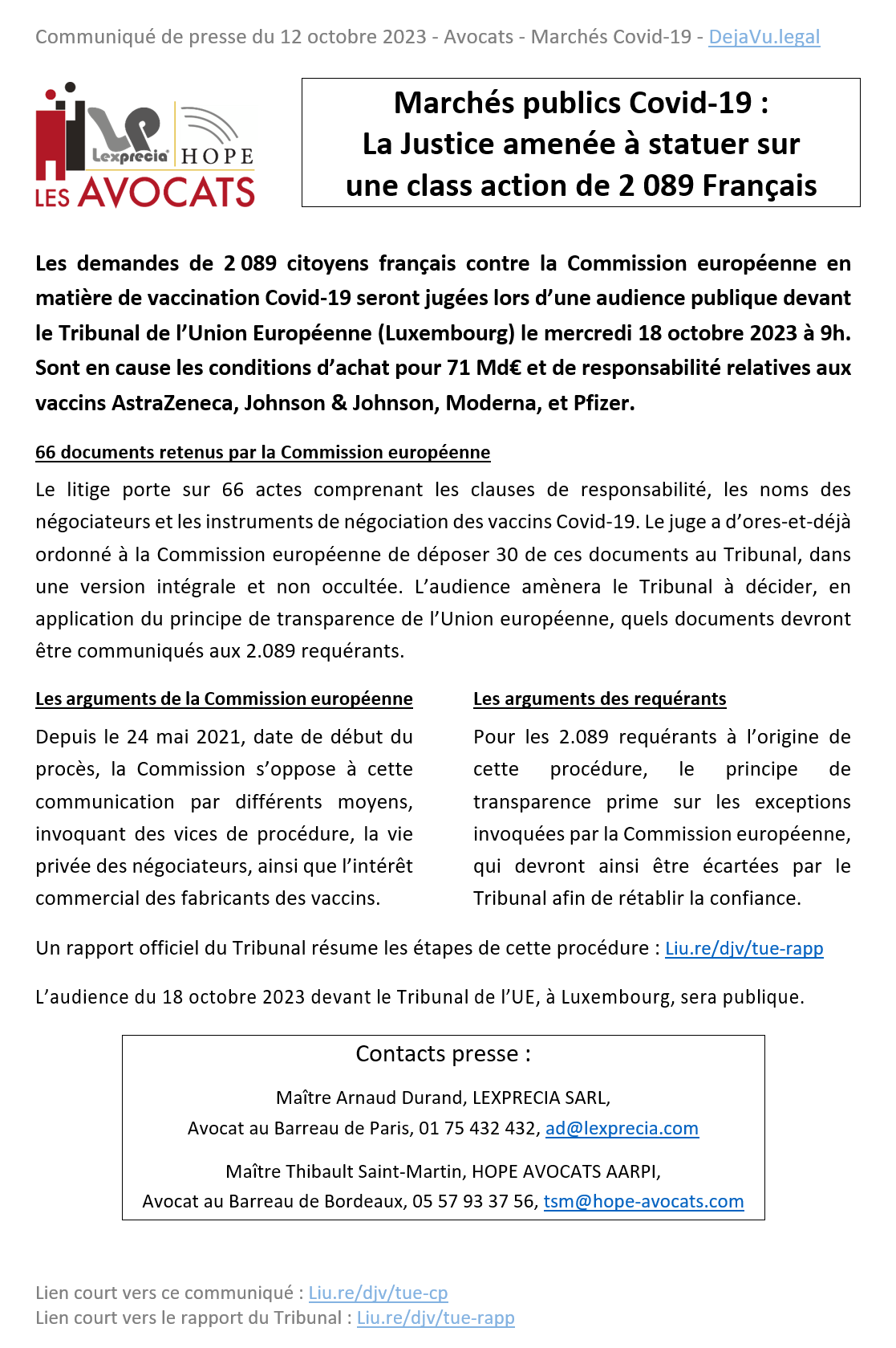 Communiqué de presse sur les contrats d'achats des vaccins Covid-19